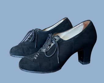 1930's Art Deco Black Velveteen Suede Shoes size UK 4