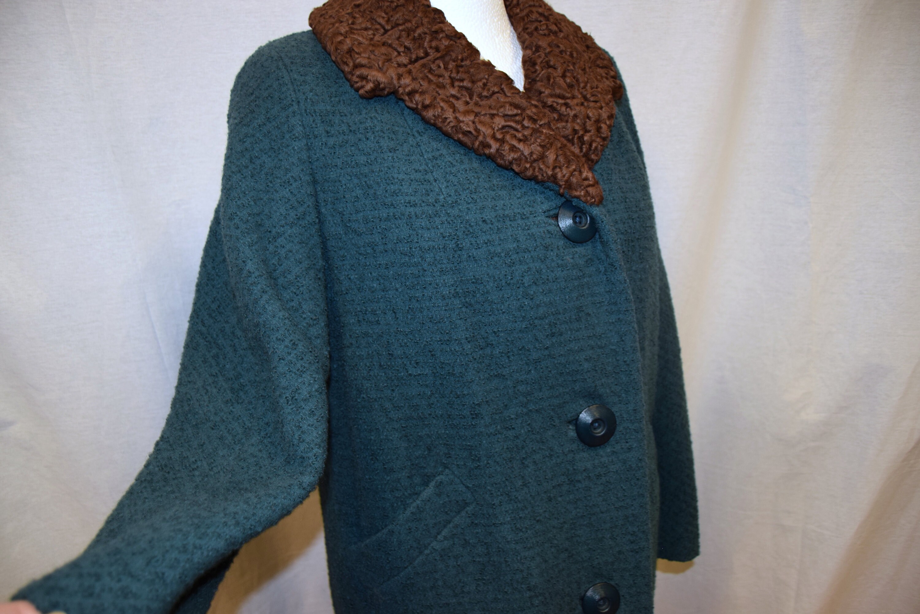 Image of 's Teal Boucle Wool Coat With Astrakhan Collar - Bust