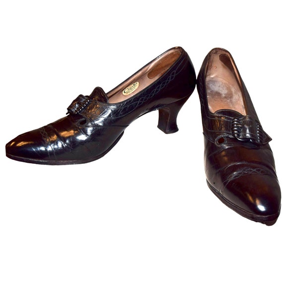 1920's Black Leather Shoes Approx UK 4.5 narrow f… - image 9