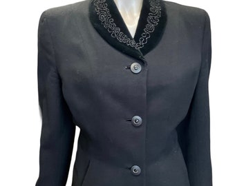 Late 1940’s Black Wool  Nipped Waist Suit with Velveteen Corduroy Collar, 36/38" bust 28" waist