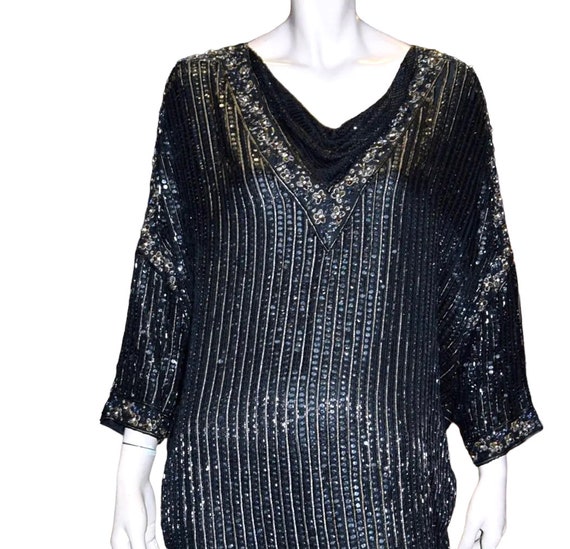 Black Silk Sequinned Kaftan/Tunic/Dress 38-42 bust - image 2