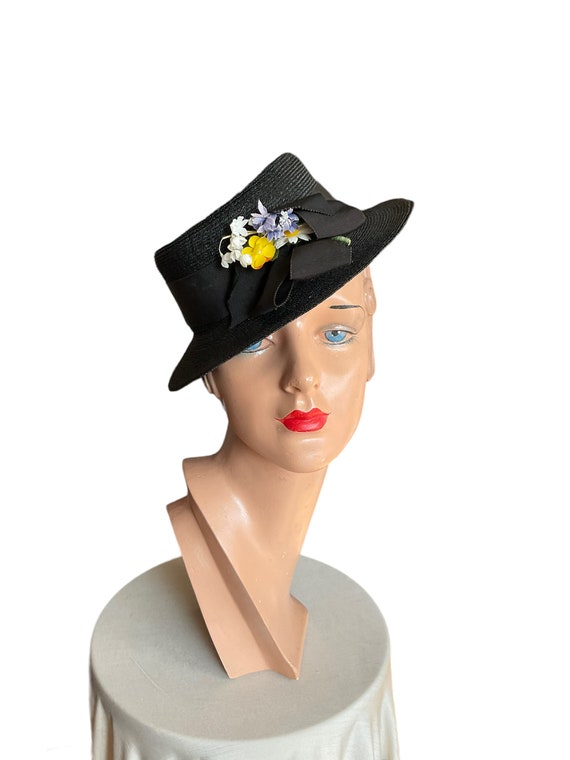 1930/40’s black straw tilt hat with millinery flor
