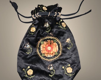 Late Victorian Drawstring Black Silk Satin Reticule, Bag.