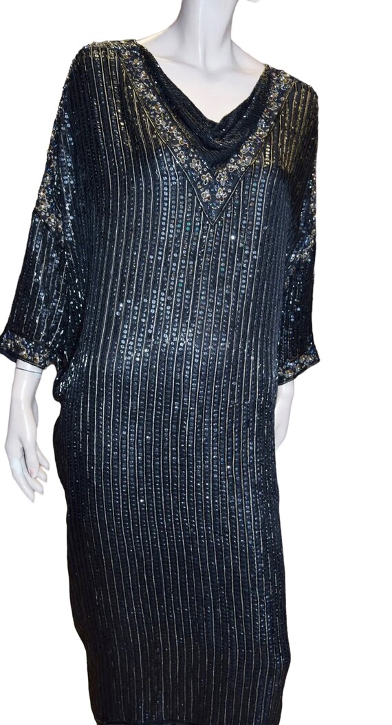 Black Silk Sequinned Kaftan/Tunic/Dress 38-42 bust - image 7