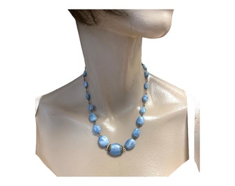 1930’s pale blue pressed satin glass, graduated  bead necklace