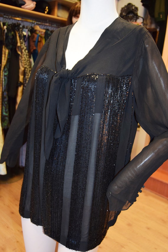 1930's Silk Beaded Pussy Bow Tunic Blouse, 38-40"