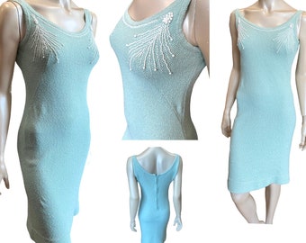 1960’s aqua beaded knit dress 36/38” 28/30” waist