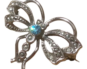 1920’s  Silver Butterfly brooch with marcasite and aqua rhinestone trim.