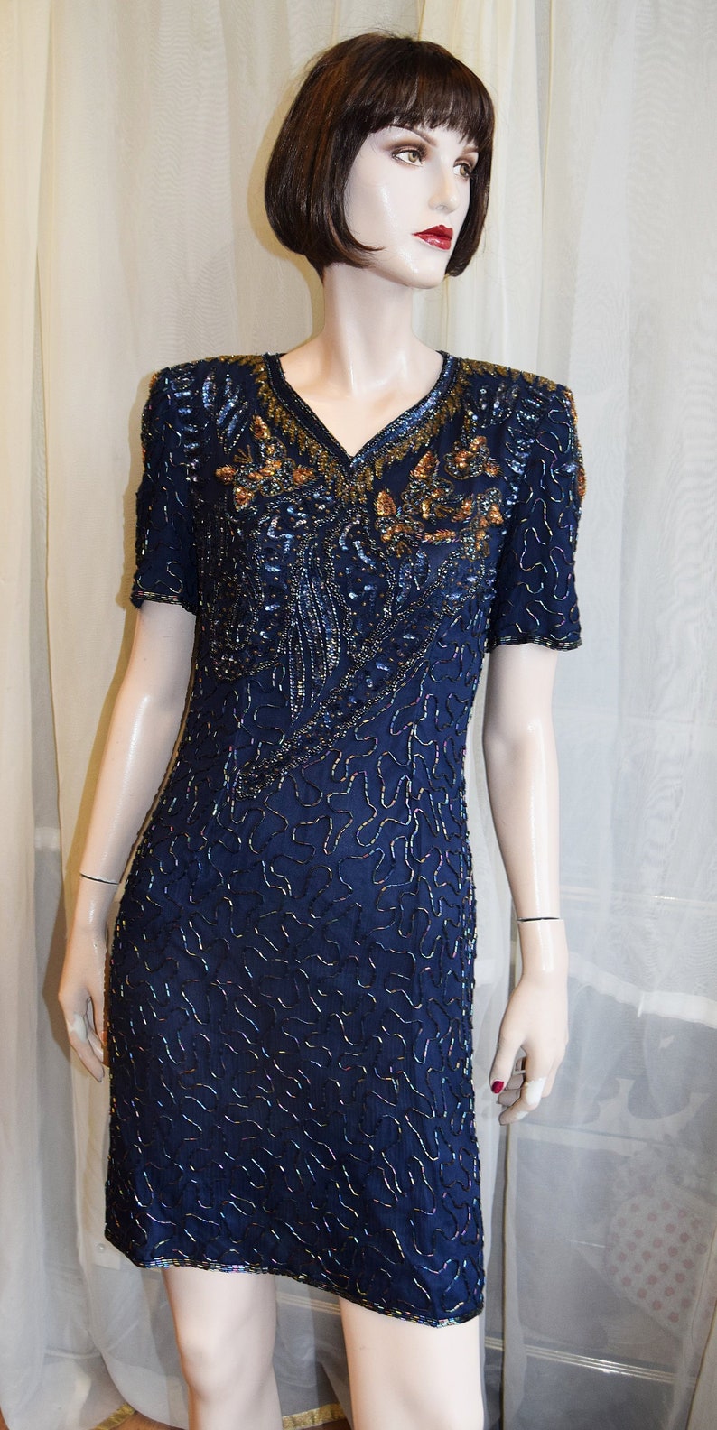 1980s Navy beaded dress 36 bust 28 waist image 1