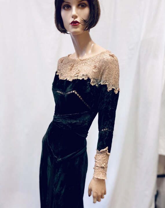 1930’s Art Deco Silk Velvet and Antique Lace Gown