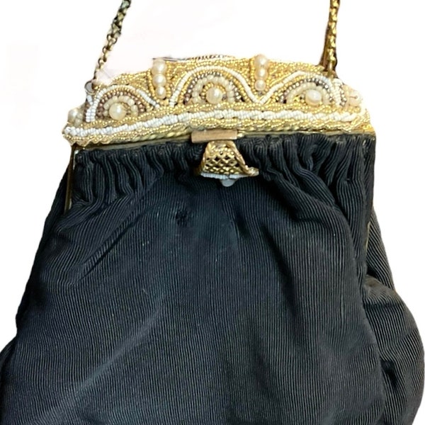 1920s Black Grosgrain Reticule, Evening  Bag with Ornate Beaded Flap