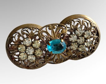 Czech Filigree  and Aqua Glass with Paste  Brooch