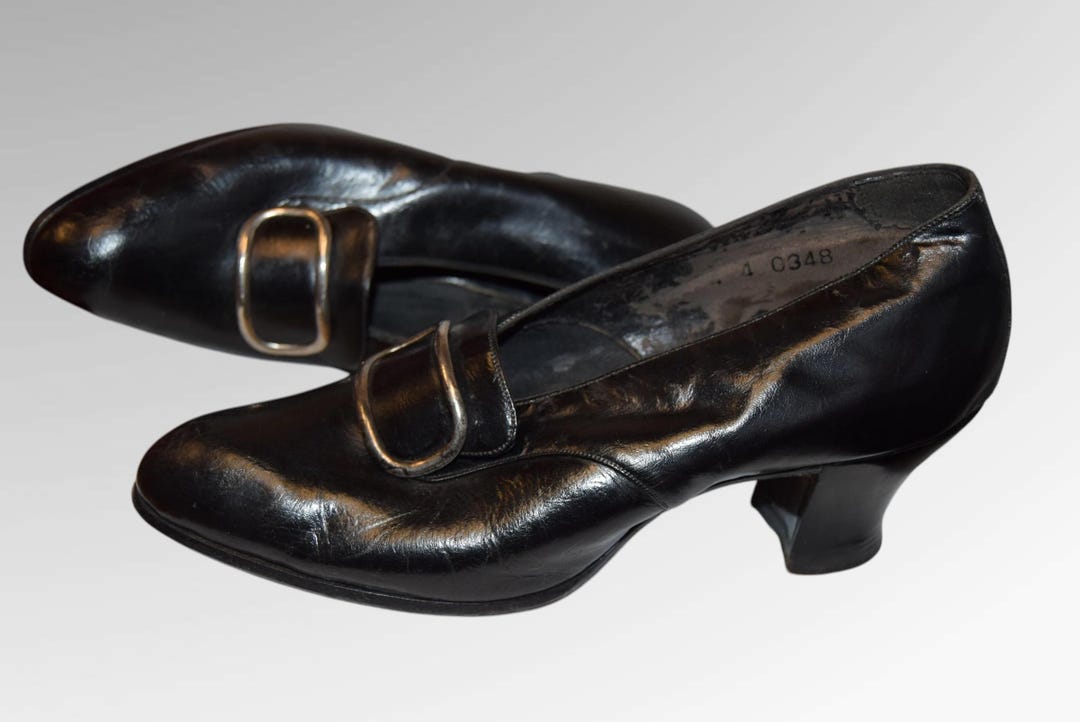 1930's Black Leather Pilgrim Shoes Size UK 4 - Etsy