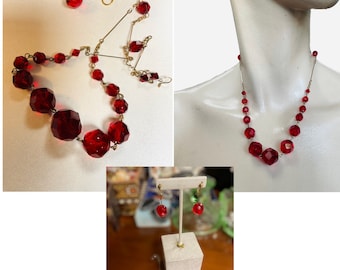 1920/30’s Czech Glass Art Deco Red Bead Necklace and earrings