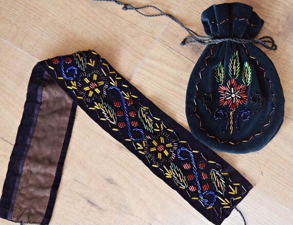 1920/30's Cotton Velvet Beaded Belt and Reticule.