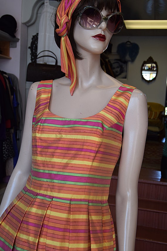 Raw Silk Rainbow Stripe Dress approx size Uk 10.