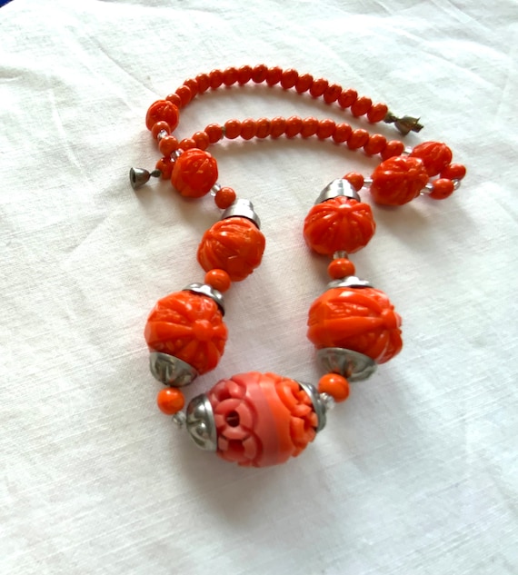 Louis Rousselet Glass Necklace With Carved Coral Centre Bead. 