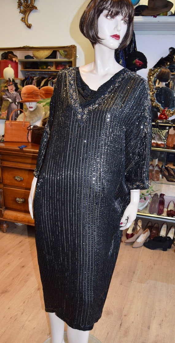 Black Silk Sequinned Kaftan/Tunic/Dress 38-42 bust - image 3