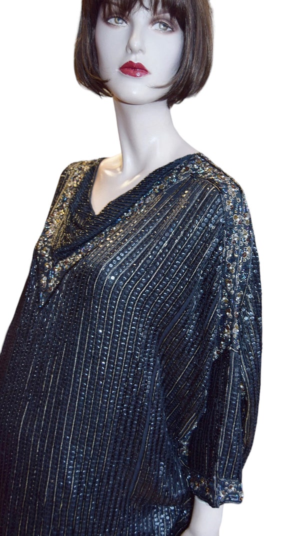 Black Silk Sequinned Kaftan/Tunic/Dress 38-42 bust - image 1