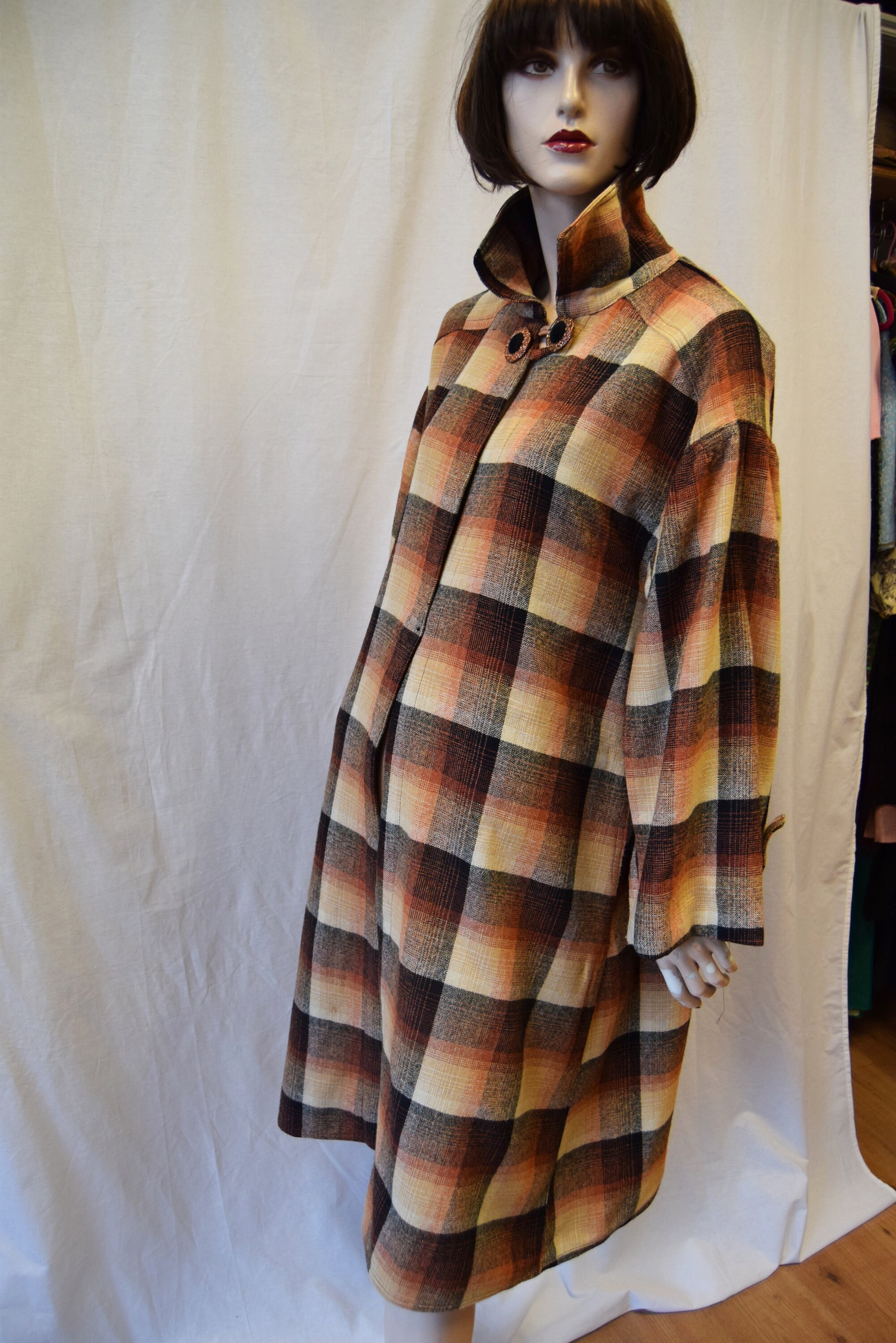 Image of 's Check Wool Coat With Huge Sleeves Up To " Bust