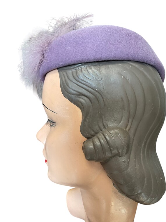 1980s Pillbox Felt Hat With Feather and Velveteen Bow Trim  display picture 3