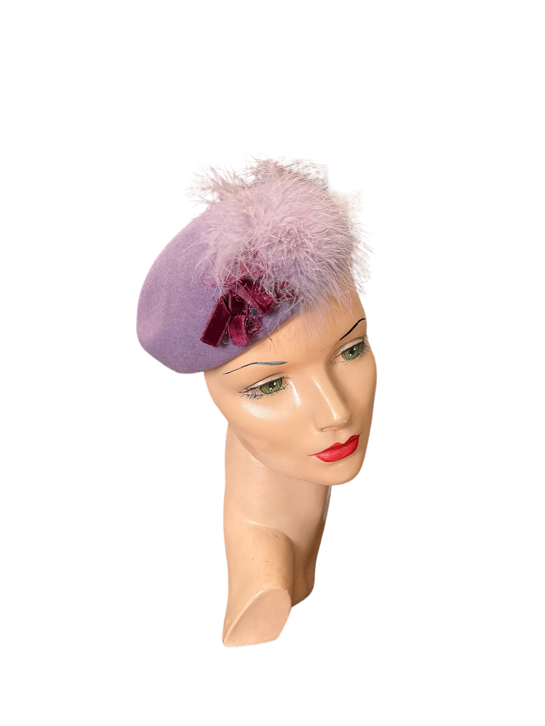 1980s Pillbox Felt Hat With Feather and Velveteen Bow Trim  display picture 2