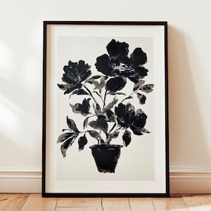 Black Ink Floral Series | 2x Minimalist Botanical Art Prints - Bold Monochrome Flower Paintings for Modern Wall Decor and Digital Downloads.