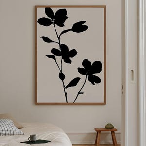 Scandinavian Floral Ink Paintings | 2x Abstract Plant and Floral Wall Decor - Black and Beige Art Set.