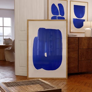 Stampe d'arte minimalista blu cobalto / 3x dipinti acrilici astratti e audaci - Arte murale geometrica contemporanea per l'arredamento moderno di casa o ufficio.