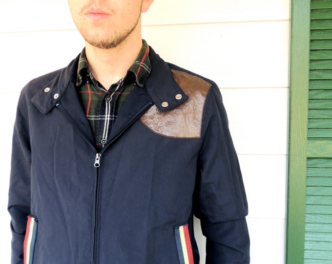 Mens Zip up Jacket With Brown Leather Shoulder Patch Size Etsy