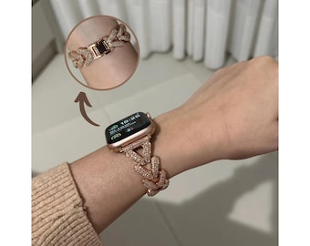 Correa brillante para Apple Watch, correa de reloj con corazón de cristal, regalo de San Valentín para ella