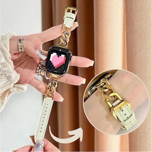 Leather Apple Watch Band For Women, Metal Chain Strap for iWatch Ultra Series  7 6 5 4 Se, Gift for Mom
