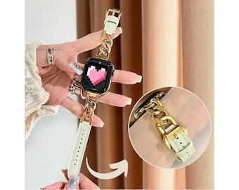 Correa de cuero para Apple Watch para mujer, correa de cadena de metal para iWatch Ultra Series 7, 6, 5 y 4 SE, regalo para mamá