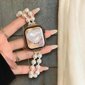 White Pearl Apple Watch Band, Handmade Watch Strap For Women, Gift For Best Friend