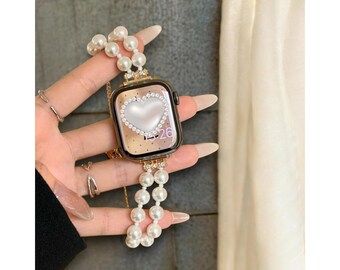 Correa de Apple Watch de perla blanca, hecha a mano para mujer, regalo para tu mejor amiga.