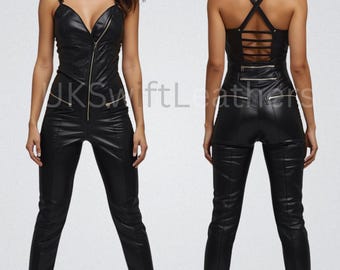 Black Sheepskin Leather Jumpsuit: Custom Fit Available