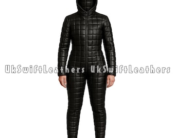 Mature Women's Premium Black Sheepskin Leather Jump-suit