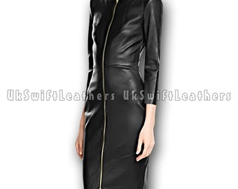 Fitted Sheepskin Leather Dress – Black Zip-Up, Long Sleeve