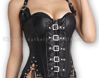 Top corsetto da donna matura in pelle di pecora nera con fibbia e allacciatura