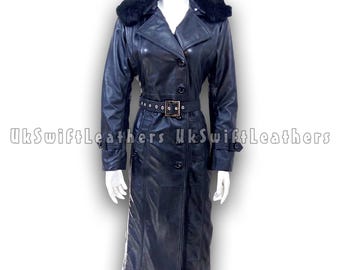 Gabardina de piel de oveja con cuello de piel sintética negra y largo completo