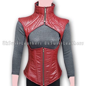 Mature Women&#39;s Red Leather Corset Vest | Premium Sheepskin | Gothic Cosplay Top | Zip Up Waist Cincher