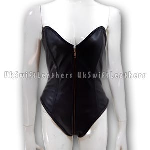 Mature Women&#39;s Black Sheepskin Leather Corset Top with Front Zipper and Back Lace-Up | Strapless Bustier Style | Gothic Festival Outfit