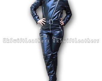 Black Sheepskin Leather Catsuit – Belted, Zipper Details