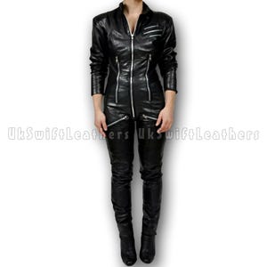 Mature Women’s Genuine Sheepskin Leather Catsuit – Zip-Up Jumpsuit | Black Biker Costume
