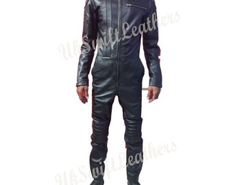 Mens Real Leather Jumpsuit, Black Catsuit, Bodycon Fit