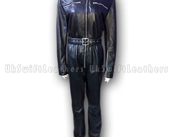 Black Sheepskin Leather Catsuit - Women's Belted Jumpsuit