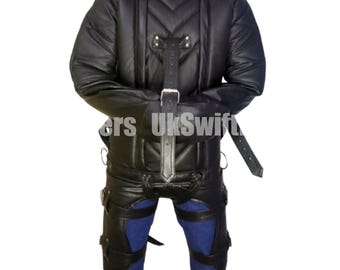 Mature Real Leather Men Straitjacket Genuine Black Leather padded Straitjacket Restricted Bondage