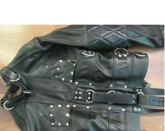 Mature Real Leather Men Straitjacket Genuine Black Leather padded Straitjacket Restricted Bondage