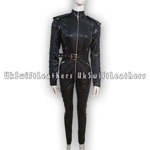 Women’s Black Sheepskin Leather Jumpsuit with Belt and Zipper Detailing – Full Body Slim Fit Design | Mature