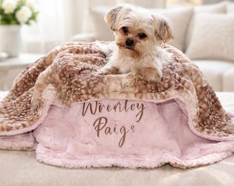 Personalized Dog Blanket | Fawn Minky, Rosewater Pink Back, Neutral Dog Gift